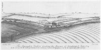 The Approach to Radfin fronting the Avenue of Stonehenge 8. June 1724.<br> A. the avenue. B. the old Kings barrows. C. The new Kings barrows. D. Vespasians camp. E. the beginning of the avenue.